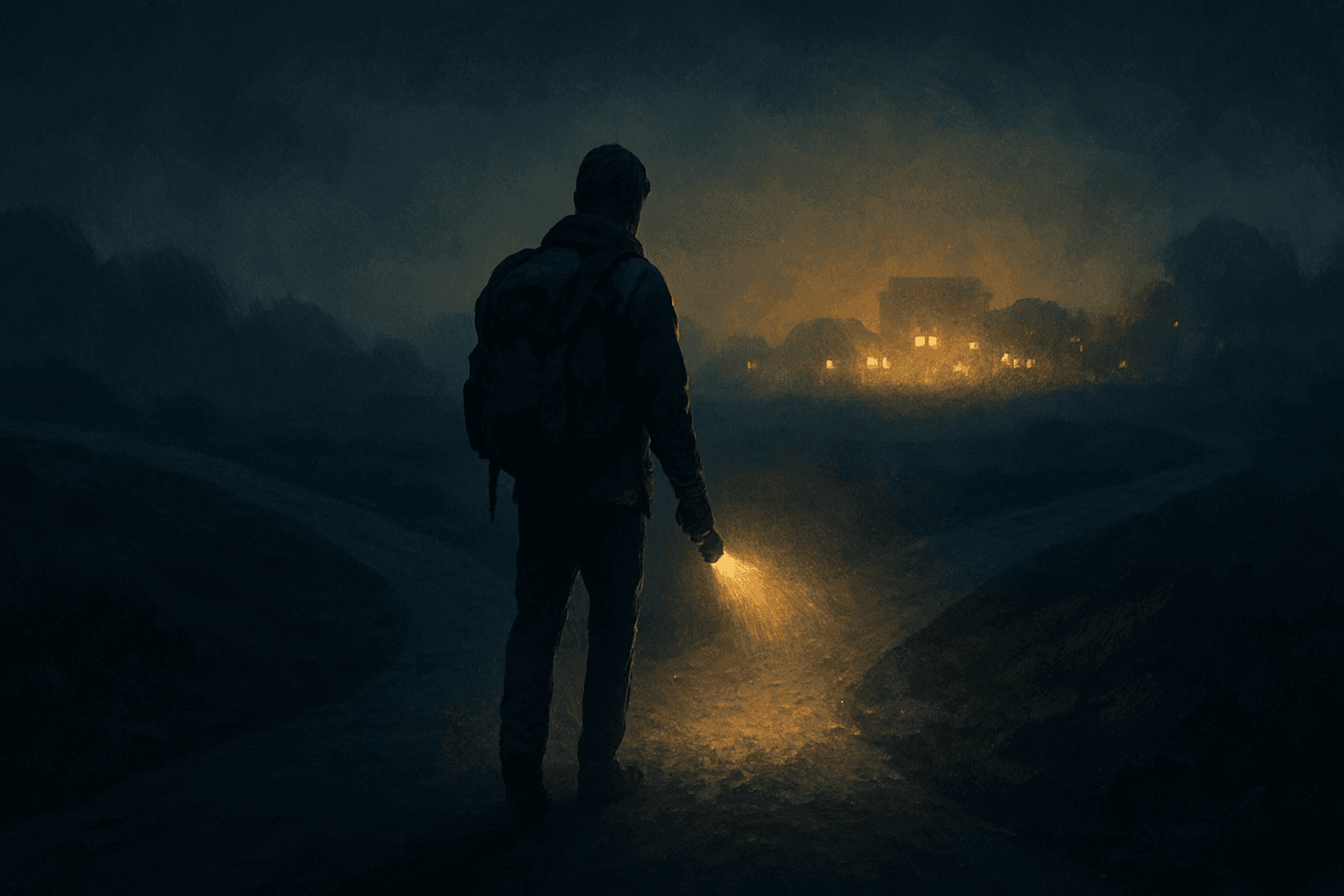 Фігура біженця з рюкзаком і ліхтариком іде в темряві по роздоріжжю до світлого поселення вдалині. Символізує шлях через труднощі до надії.