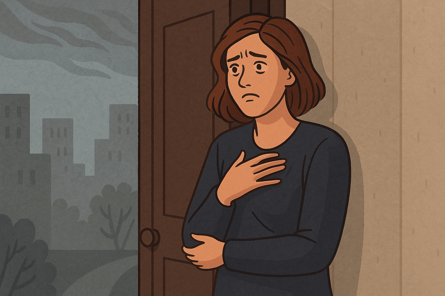 Ілюстрація жінки з тривожним виразом обличчя, яка стоїть біля дверей і вагається вийти надвір. Символ агорафобії та страху відкритого простору.