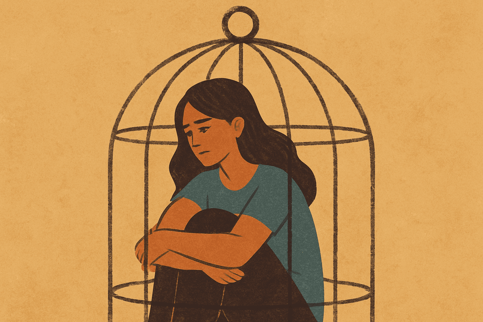 Ілюстрація дівчини, яка сидить у пташиній клітці, обіймаючи коліна, з сумним виразом обличчя — метафора емоційної залежності у стосунках.