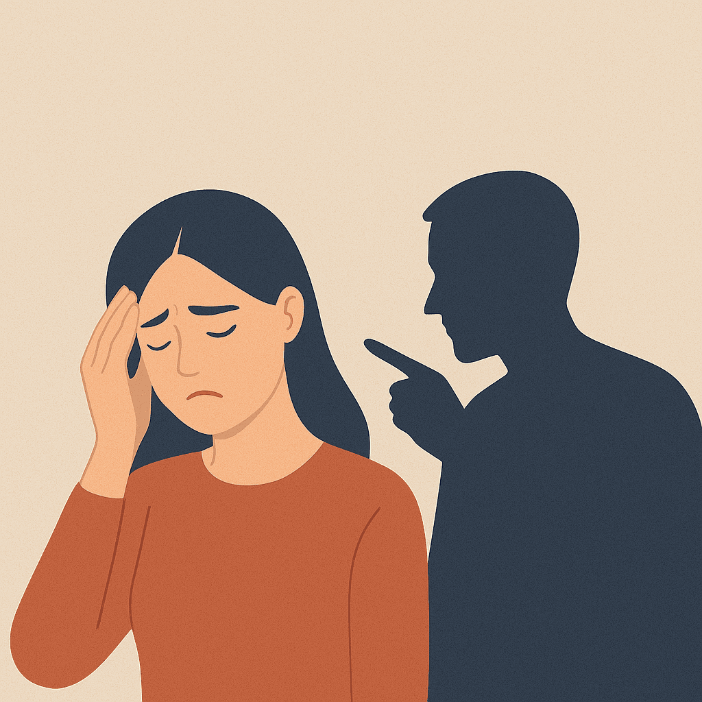 Ілюстрація жінки з тривожним виразом обличчя, яка прикладає руку до скроні, позаду — темна фігура чоловіка, що тисне на неї пальцем. Символізує газлайтинг і психологічний тиск.
