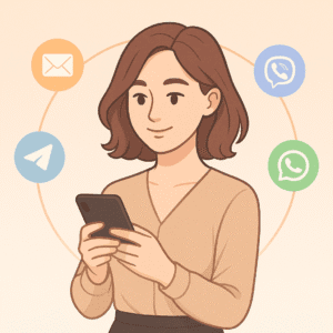 Жінка з телефоном у руках на фоні світло-блакитного градієнта з іконками Viber, Telegram, WhatsApp та email — сучасні способи зв'язку з психологом