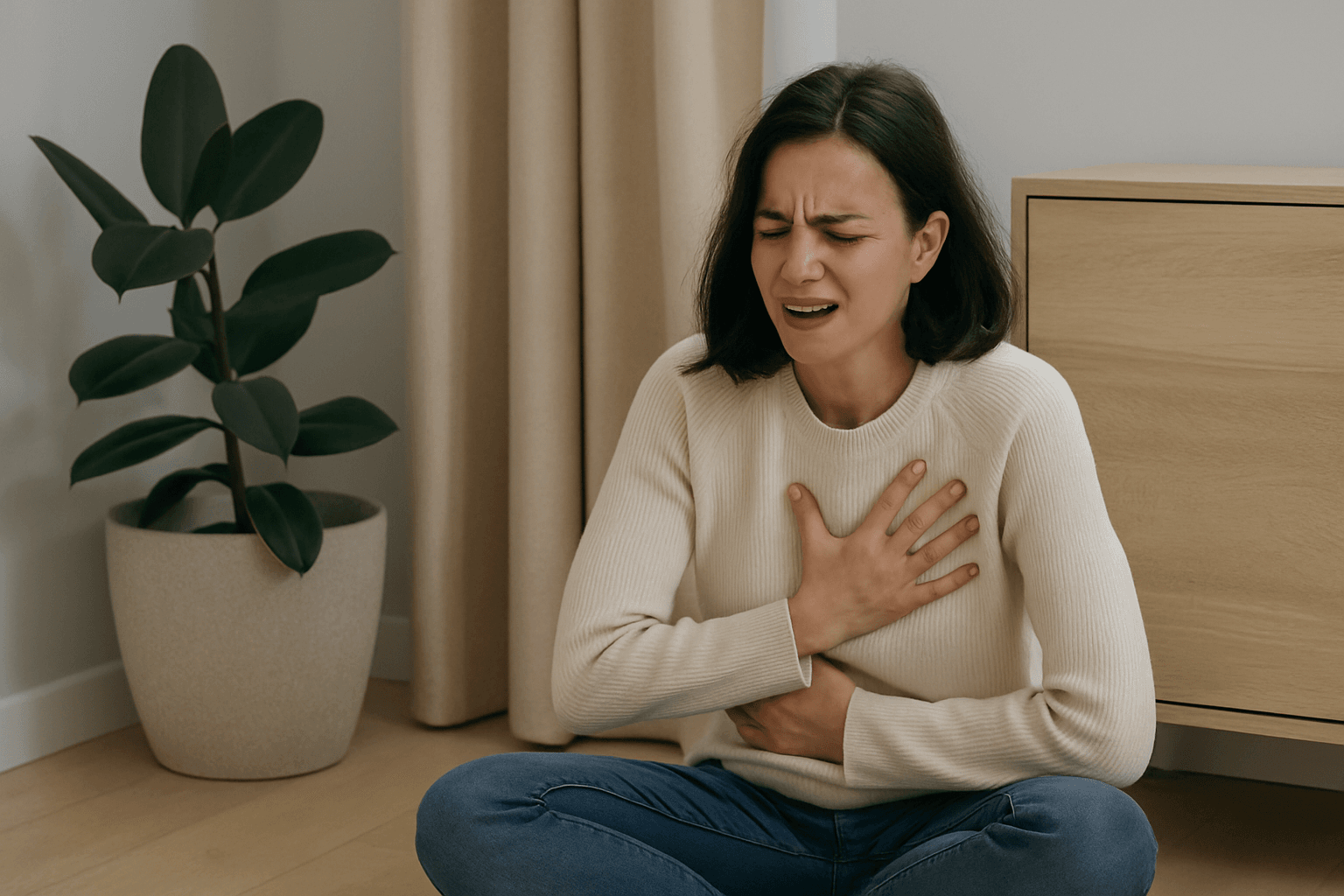 Жінка сидить на підлозі, тримається за груди — симптоми панічної атаки