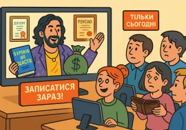 Ілюстрація в комічному стилі: «гуру-психолог» проводить онлайн-семінар, тримаючи книгу «5 кроків до щастя» та мішок з грошима, а глядачі реагують із зацікавленістю, сумнівом і порожніми гаманцями. Сатира на інфошахрайство в психології