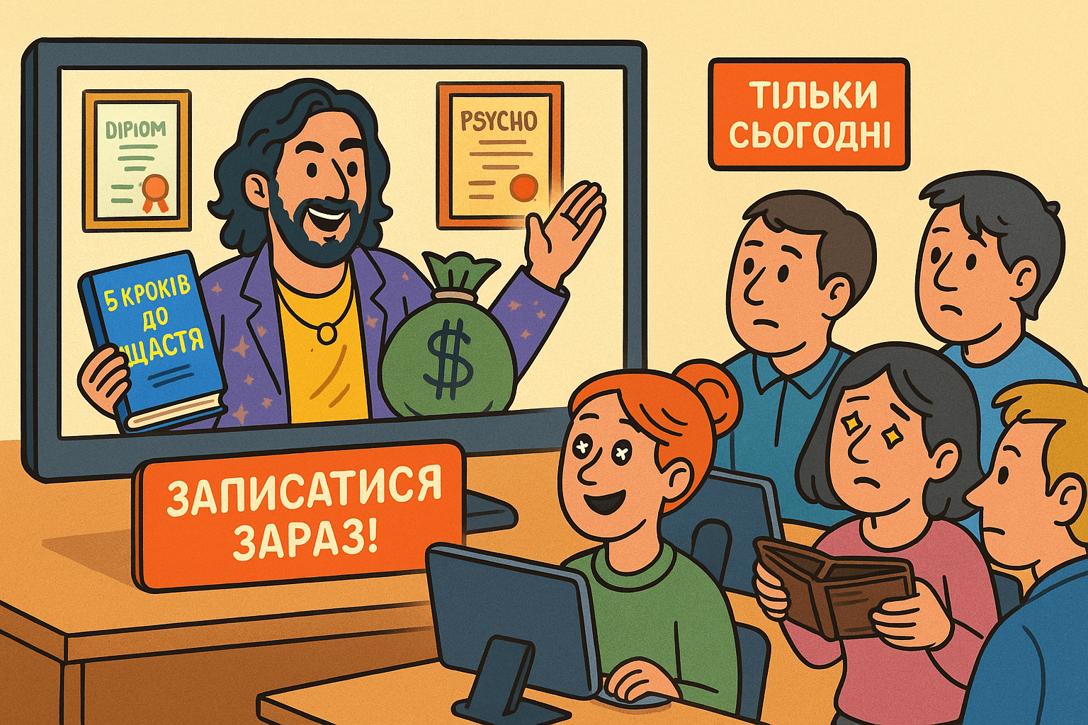 Ілюстрація в комічному стилі: «гуру-психолог» проводить онлайн-семінар, тримаючи книгу «5 кроків до щастя» та мішок з грошима, а глядачі реагують із зацікавленістю, сумнівом і порожніми гаманцями. Сатира на інфошахрайство в психології