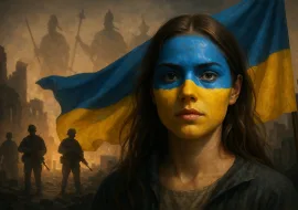 У центрі — обличчя молодої жінки з художнім візерунком у синьо-жовтих кольорах, що символізує Україну. Позаду неї — великий український прапор, який майорить на вітрі. Ліворуч — абстрактний сяючий силует козака, створений зі світла й енергії, як образ родової пам’яті та захисту. На задньому плані — темний фон із руїнами, крізь які пробиваються золоті промені світанку. Атмосфера велична, емоційна і метафорична, поєднання жіночності, сили та незламності.