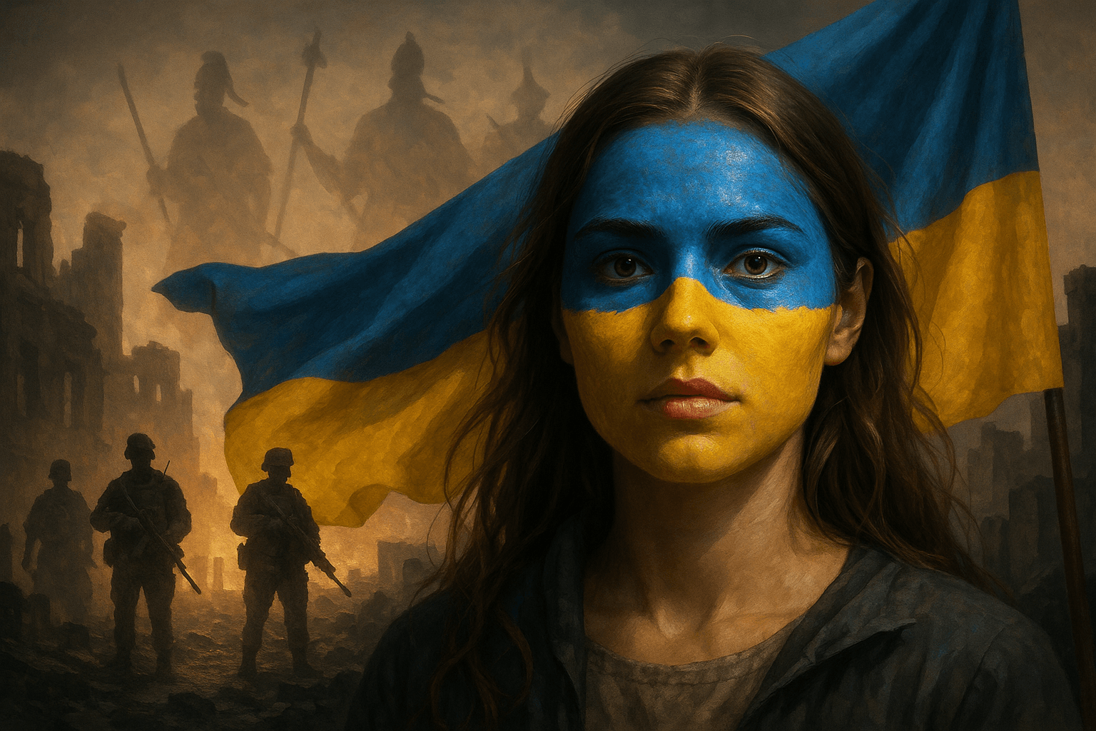 У центрі — обличчя молодої жінки з художнім візерунком у синьо-жовтих кольорах, що символізує Україну. Позаду неї — великий український прапор, який майорить на вітрі. Ліворуч — абстрактний сяючий силует козака, створений зі світла й енергії, як образ родової пам’яті та захисту. На задньому плані — темний фон із руїнами, крізь які пробиваються золоті промені світанку. Атмосфера велична, емоційна і метафорична, поєднання жіночності, сили та незламності.