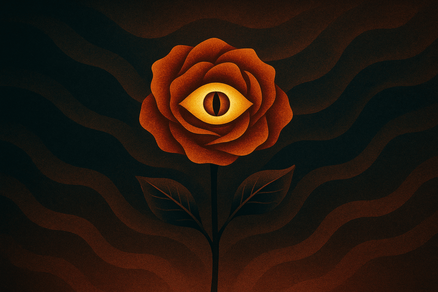 Метафорична ілюстрація: червона троянда з оком у центрі замість бутону, на темному хвилястому фоні, що символізує сприйняття та свідомість.